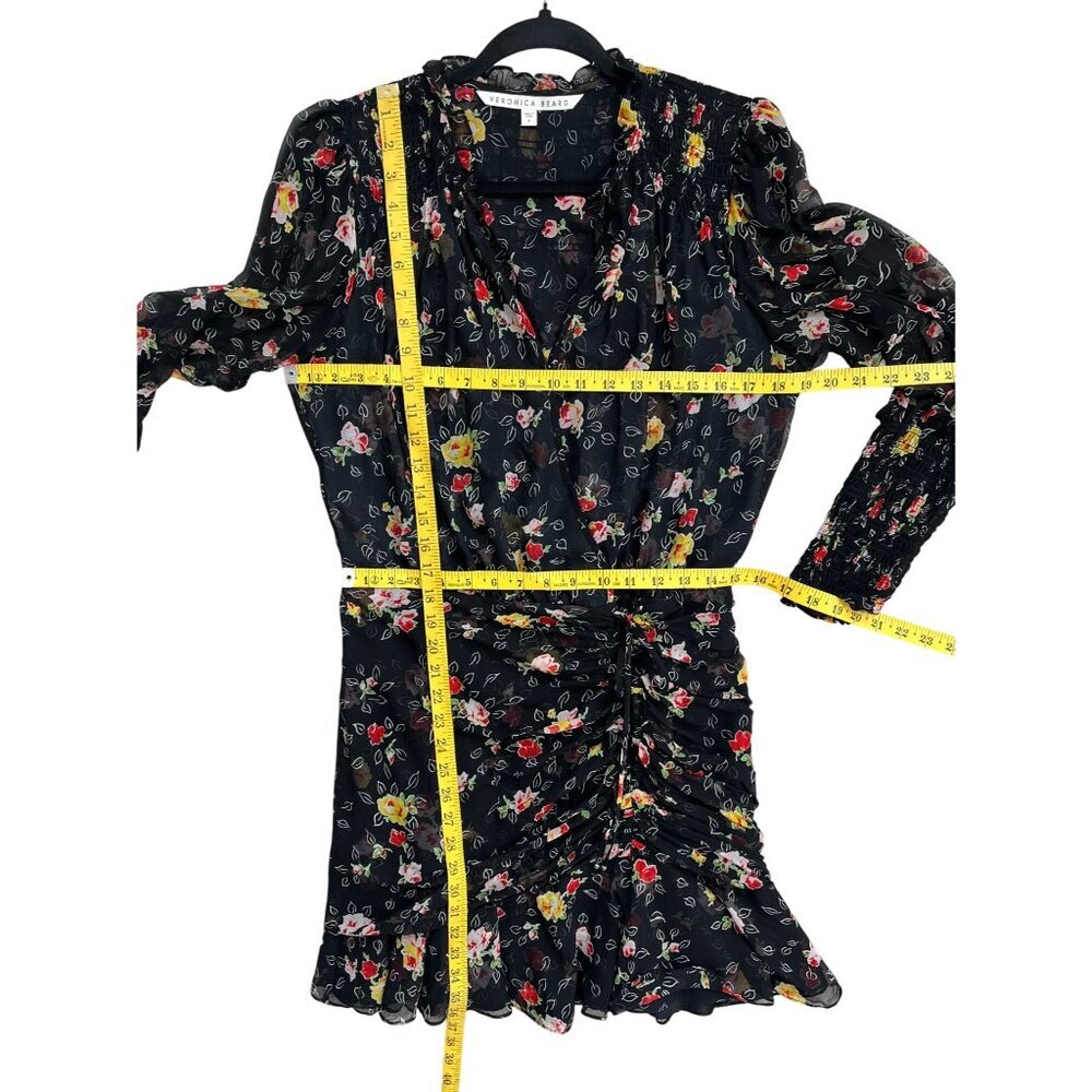 Veronica Beard  Armeria Black Floral Silk Wrap Dress Size 8 Ruched Ruffle Mini - Picture 8 of 8